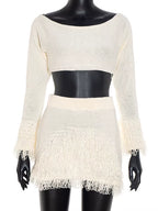 Beautiful Knitted Tassel Fringed Crop Top and Skirt Set Holiday Outfits Womens Furry Sweater Tracksuits Set Beach Wear