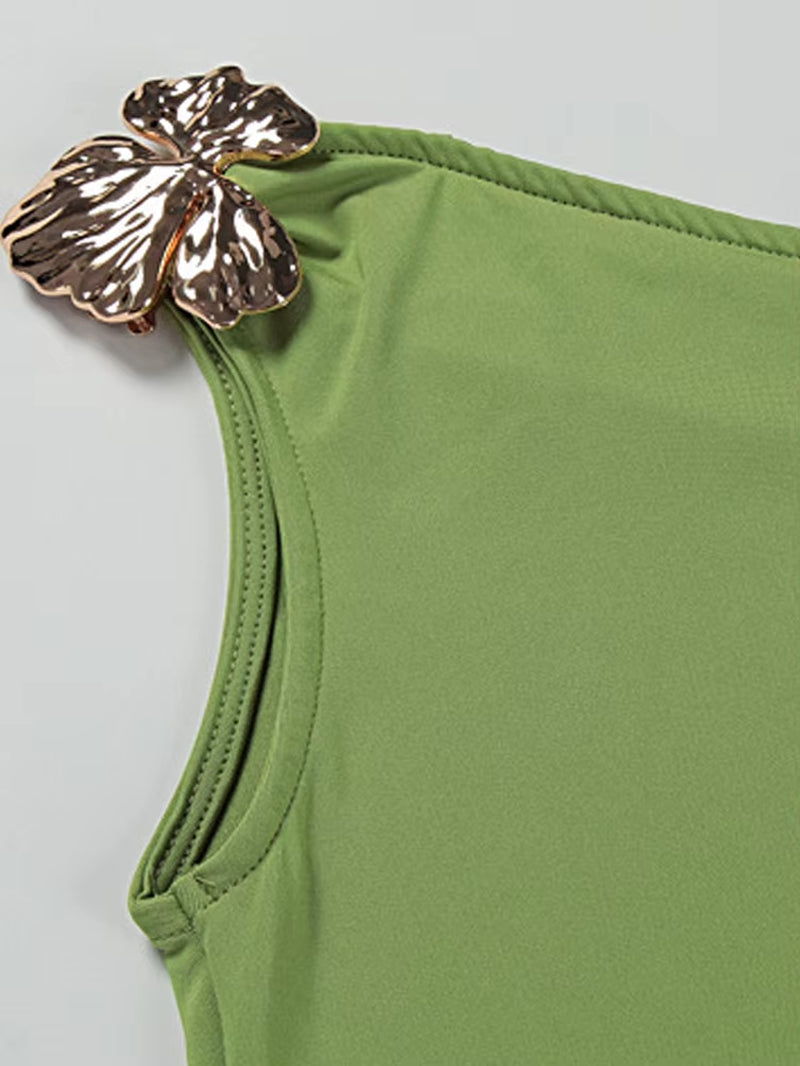 Luxury Green Gold Broach Top & Maxi Skirt Set Two-Piece Dress Holiday Outfits Women High Slit Ruched Metal Bubble Dress