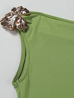 Luxury Green Gold Broach Top & Maxi Skirt Set Two-Piece Dress Holiday Outfits Women High Slit Ruched Metal Bubble Dress