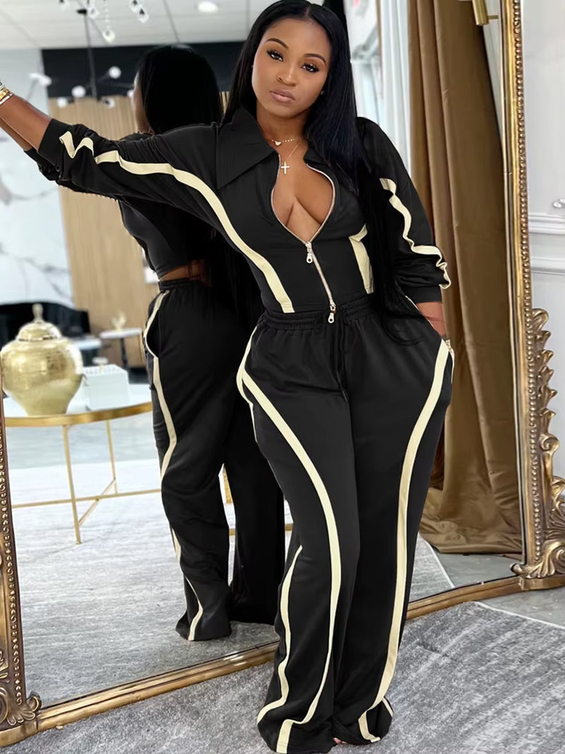Womens Striped Patchwork Contrast Color Zippers Cropped Jacket+Wide Legs Pants Set Sporty Jogger Suits Set Overalls