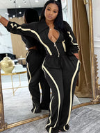 Womens Striped Patchwork Contrast Color Zippers Cropped Jacket+Wide Legs Pants Set Sporty Jogger Suits Set Overalls