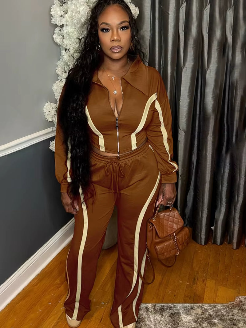 Womens Striped Patchwork Contrast Color Zippers Cropped Jacket+Wide Legs Pants Set Sporty Jogger Suits Set Overalls