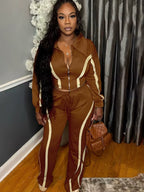 Womens Striped Patchwork Contrast Color Zippers Cropped Jacket+Wide Legs Pants Set Sporty Jogger Suits Set Overalls