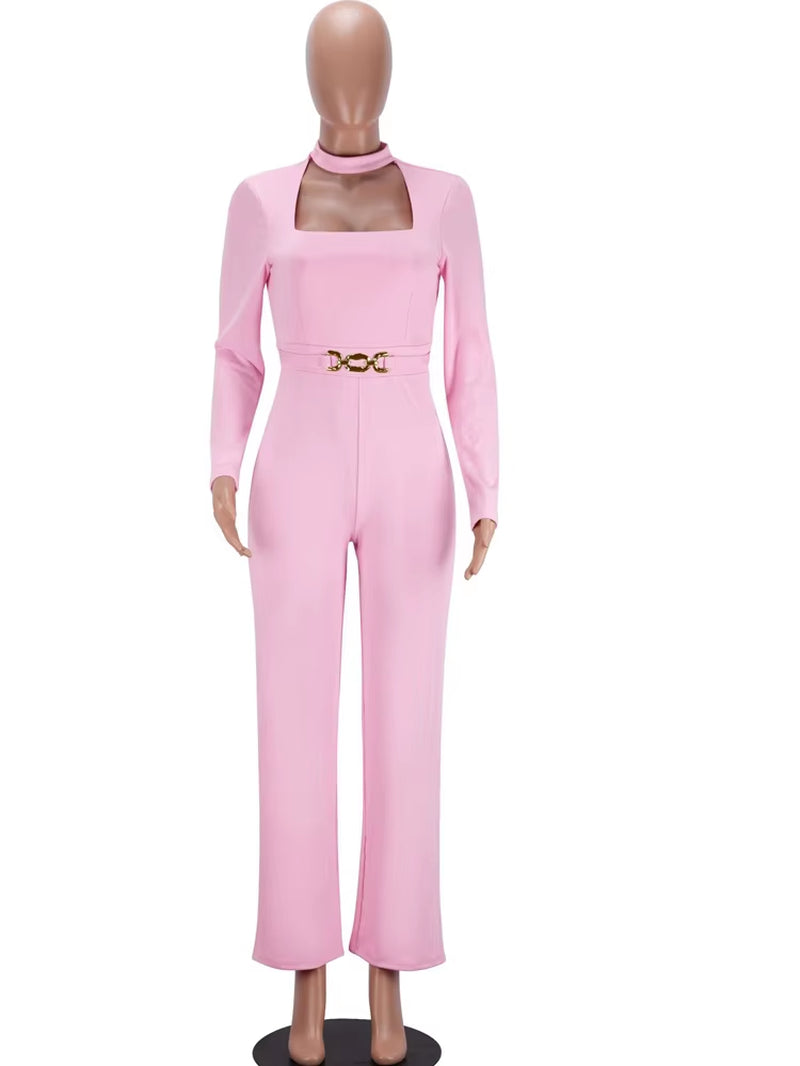 Glamours Choker Neck Metal Belted Wide Legs Jumpsuits Stretch Cut-Out Party Jumpsuits Sexy Rompers Celebrities Outfits