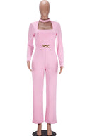 Glamours Choker Neck Metal Belted Wide Legs Jumpsuits Stretch Cut-Out Party Jumpsuits Sexy Rompers Celebrities Outfits