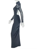 Perfect Mock Neck Open Back Sheer Mesh Ruched Maxi Dress Womens Long Sleeve Pleated Night Out Dress Female Vestidos