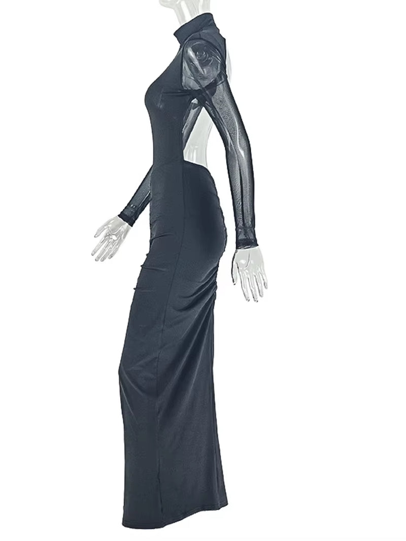 Perfect Mock Neck Open Back Sheer Mesh Ruched Maxi Dress Womens Long Sleeve Pleated Night Out Dress Female Vestidos