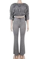 Trendy Ruched Matching Set for Women Pleated Crush Crop Top and Wide Legs Pants Set Evening Out Outfits Night Clubwear