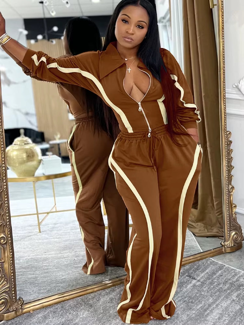 Womens Striped Patchwork Contrast Color Zippers Cropped Jacket+Wide Legs Pants Set Sporty Jogger Suits Set Overalls