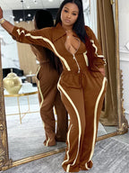 Womens Striped Patchwork Contrast Color Zippers Cropped Jacket+Wide Legs Pants Set Sporty Jogger Suits Set Overalls