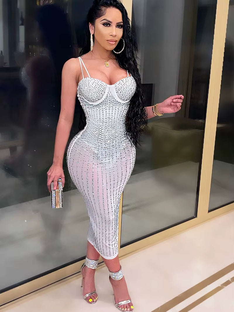 Beautiful Crystal Studded Midi Dress for Women Sparkle Spagetti Straps Bodycon Sequin Party Dress Birthday Outfits