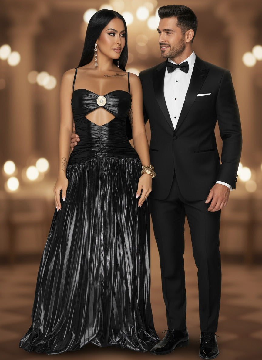 Luxury Birthday Outfits Sparkle Rose Gold Foil Pleated Maxi Dress Shiny Strappy Metallic Leather Ruched Party Dresses