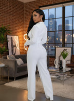 Glamours Choker Neck Metal Belted Wide Legs Jumpsuits Stretch Cut-Out Party Jumpsuits Sexy Rompers Celebrities Outfits