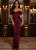 Luxe Goddess Ruched Mesh Maxi Dress Elegant Women'S off Shoulder Pleated Bandage Beach Vacation Dress Holiday Outfits