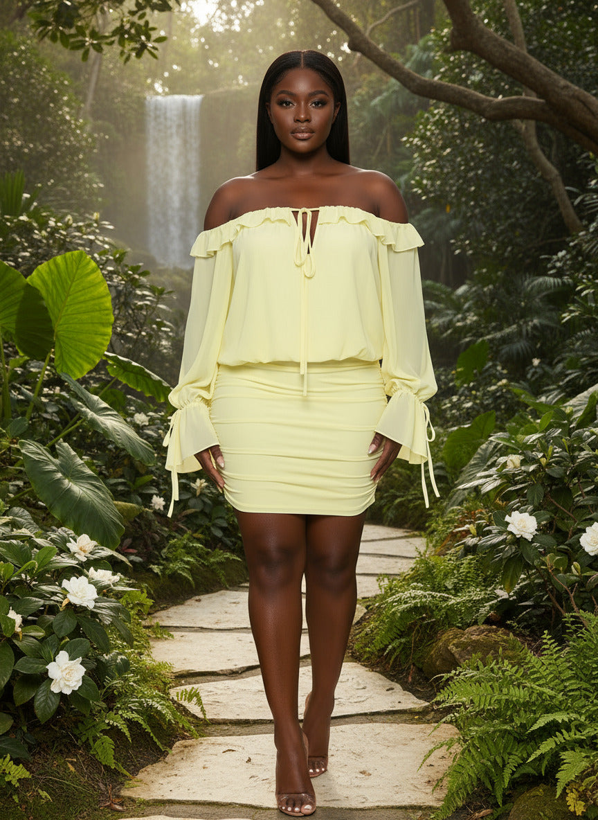 Girls Sweet Sunshine Ruffled Mini Dress Yellow Holiday Outfits Elegant off Shoulder Lace-Up Ruched Party Dress Clubwear