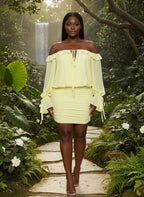 Girls Sweet Sunshine Ruffled Mini Dress Yellow Holiday Outfits Elegant off Shoulder Lace-Up Ruched Party Dress Clubwear