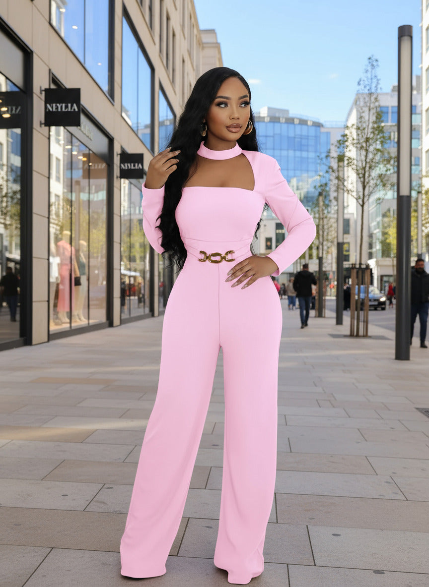 Glamours Choker Neck Metal Belted Wide Legs Jumpsuits Stretch Cut-Out Party Jumpsuits Sexy Rompers Celebrities Outfits