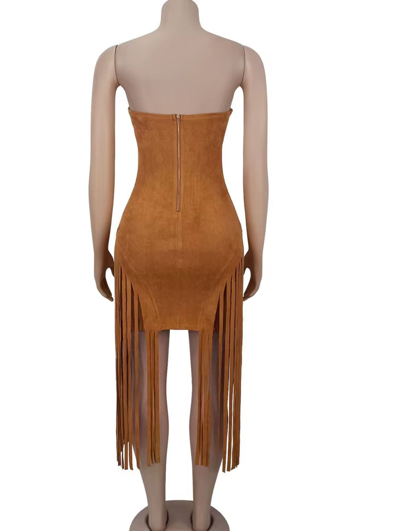 Luxury Birthday Dress Woman Glam off Shoulder Buckle Fringed Suede Midi Dress Chirstmas Outfits Night Clubwear Vestidos