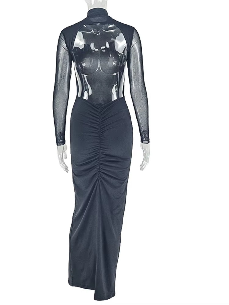 Perfect Mock Neck Open Back Sheer Mesh Ruched Maxi Dress Womens Long Sleeve Pleated Night Out Dress Female Vestidos