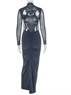 Perfect Mock Neck Open Back Sheer Mesh Ruched Maxi Dress Womens Long Sleeve Pleated Night Out Dress Female Vestidos