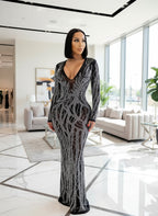 Gorgeous Crystal Gown for Womens Beautiful Deep V Neck Rhinestone Maxi Dress Sexy Clubwear Special Occasion Outfits