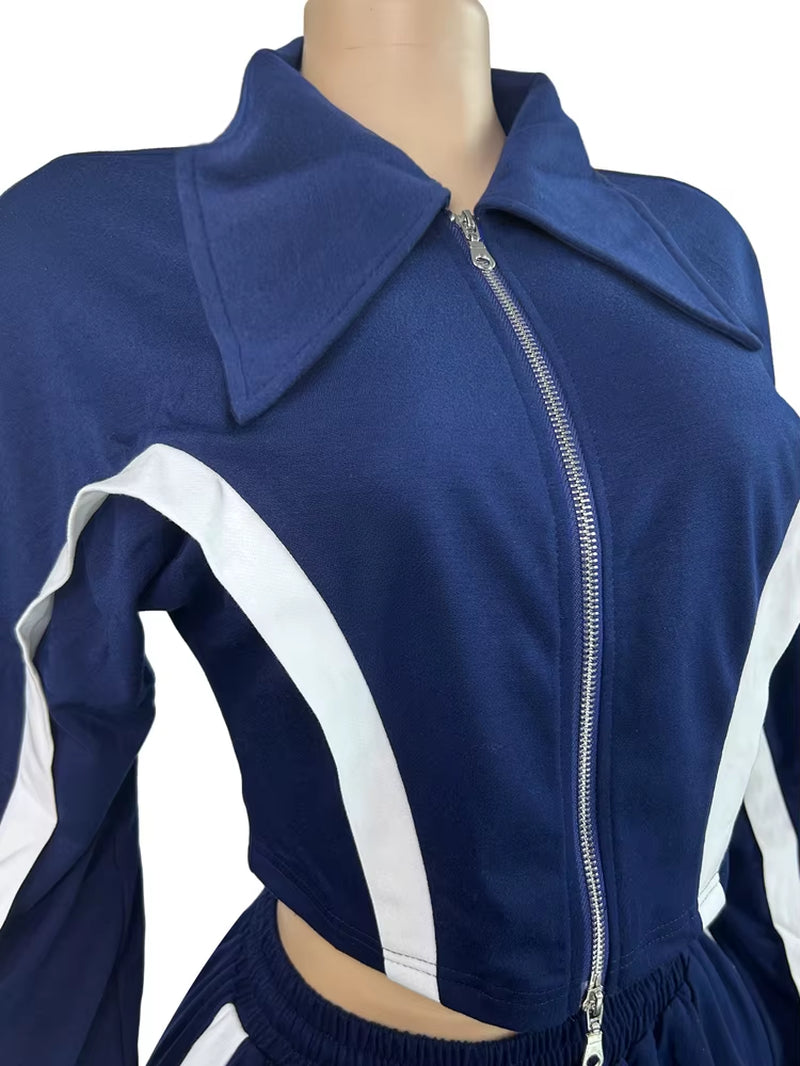 Womens Striped Patchwork Contrast Color Zippers Cropped Jacket+Wide Legs Pants Set Sporty Jogger Suits Set Overalls