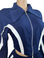 Womens Striped Patchwork Contrast Color Zippers Cropped Jacket+Wide Legs Pants Set Sporty Jogger Suits Set Overalls