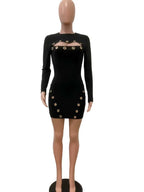 Perfect Black Sexy Cut-Out Eyelet Bodycon Mini Dress Womens Birthday Dresses Glam Long Sleeve Buckle Night Out Vestidos