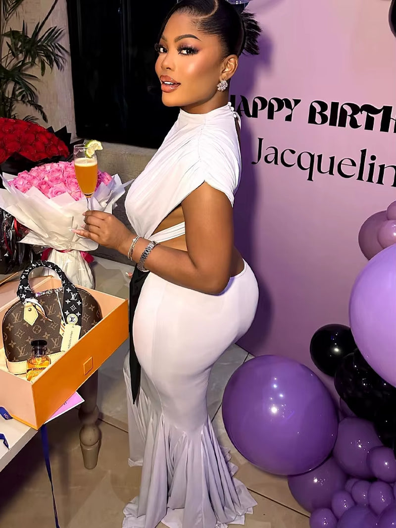 Pefect Mock Neck Bow Tie Cut-Out Long Dresses Women Luxury Birthday Dress Chic Open Back Ruched Party Dresses Clubwear