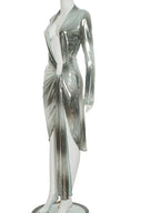 Shiny Color Block Deep Plunge V Neck Metal Tirm Long Straps Maxi Dress Glam Long Sleeve Metallic Party Dress Clubwear