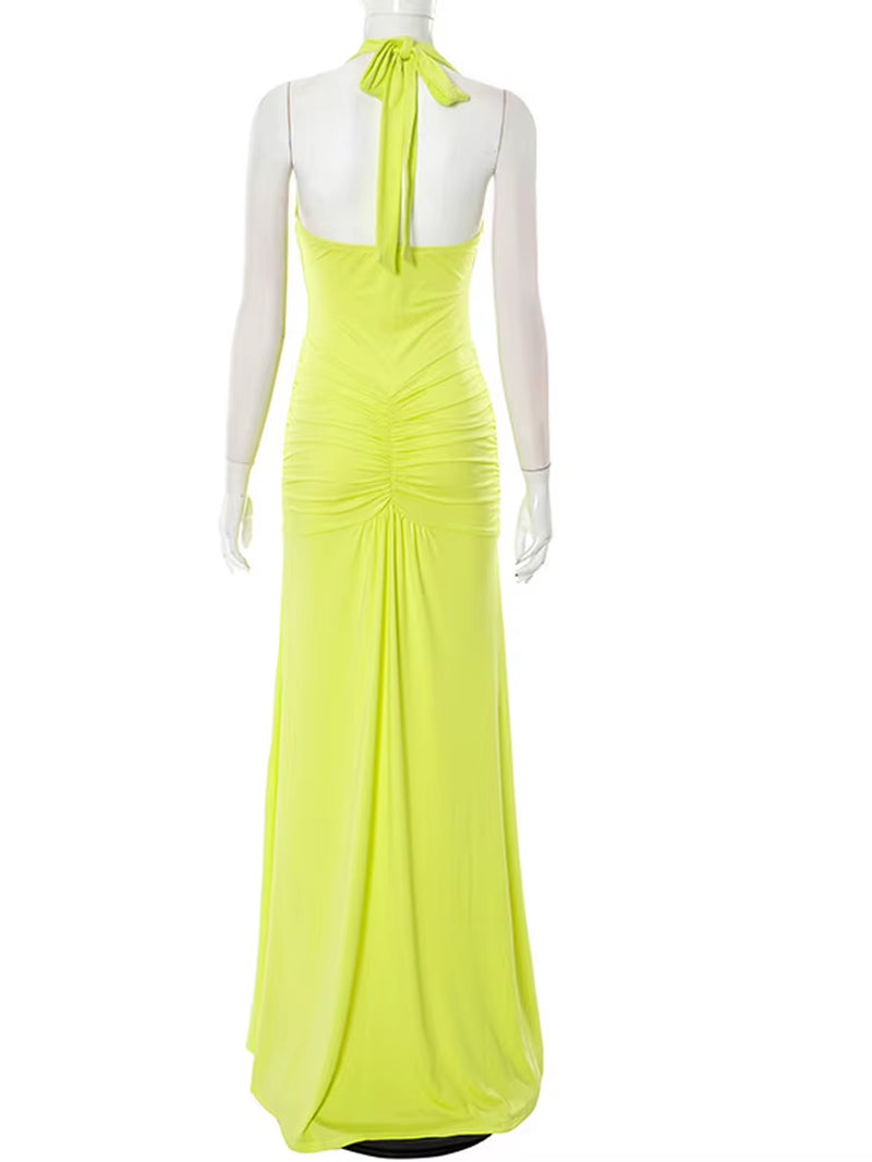 Gorgeous Womens Halter Plunging V Neck Ruched Long Straps Maxi Dress Holiday Outfits Sexy Backless Pleated Party Dress