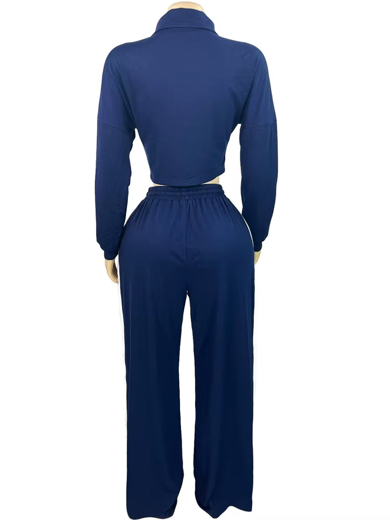 Womens Striped Patchwork Contrast Color Zippers Cropped Jacket+Wide Legs Pants Set Sporty Jogger Suits Set Overalls