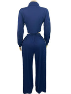 Womens Striped Patchwork Contrast Color Zippers Cropped Jacket+Wide Legs Pants Set Sporty Jogger Suits Set Overalls