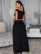 Luxury Green Gold Broach Top & Maxi Skirt Set Two-Piece Dress Holiday Outfits Women High Slit Ruched Metal Bubble Dress