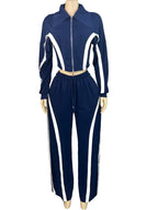 Womens Striped Patchwork Contrast Color Zippers Cropped Jacket+Wide Legs Pants Set Sporty Jogger Suits Set Overalls