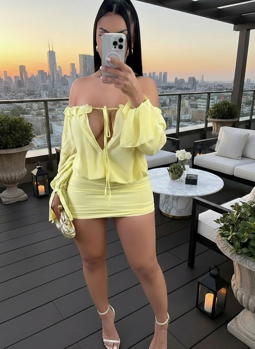 Girls Sweet Sunshine Ruffled Mini Dress Yellow Holiday Outfits Elegant off Shoulder Lace-Up Ruched Party Dress Clubwear