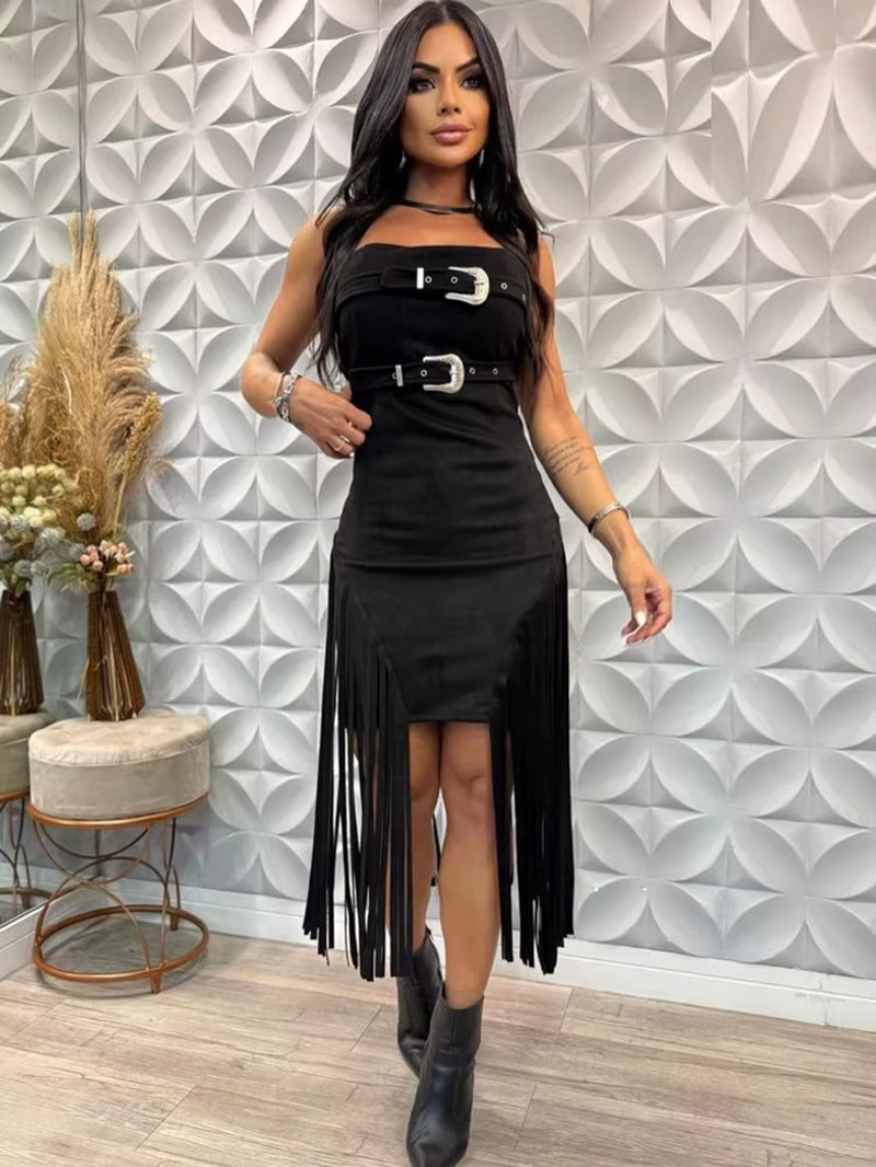 Luxury Birthday Dress Woman Glam off Shoulder Buckle Fringed Suede Midi Dress Chirstmas Outfits Night Clubwear Vestidos