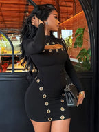 Perfect Black Sexy Cut-Out Eyelet Bodycon Mini Dress Womens Birthday Dresses Glam Long Sleeve Buckle Night Out Vestidos