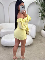 Girls Sweet Sunshine Ruffled Mini Dress Yellow Holiday Outfits Elegant off Shoulder Lace-Up Ruched Party Dress Clubwear