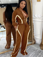 Womens Striped Patchwork Contrast Color Zippers Cropped Jacket+Wide Legs Pants Set Sporty Jogger Suits Set Overalls