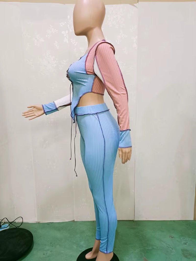 Fashion Color Block Lace-Up Long Sleeve Knitted Crop Top and Matching Pants Set Women Ribbed Tracksuits Set Clubwear
