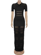 Women'S See-Through Striped Sheer Polo Maxi Dress Sexy Turn-Down Collars Caged Party Dresses Night Out Vestido Clubwear