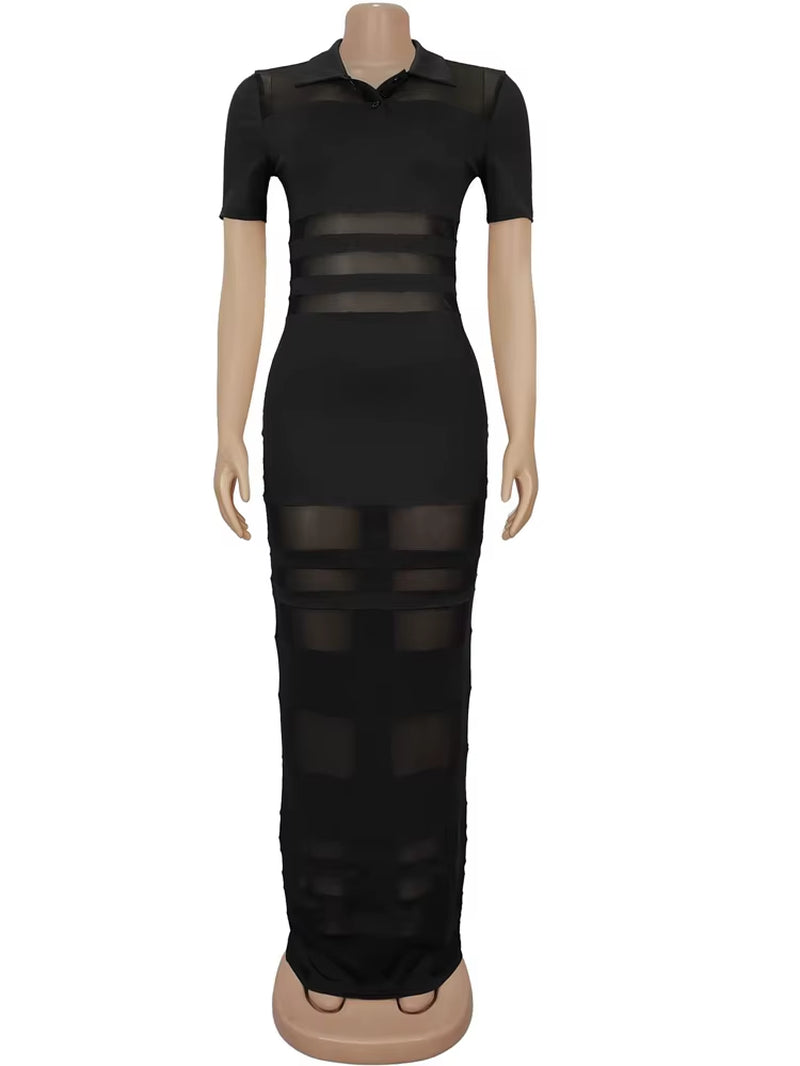 Women'S See-Through Striped Sheer Polo Maxi Dress Sexy Turn-Down Collars Caged Party Dresses Night Out Vestido Clubwear