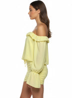 Girls Sweet Sunshine Ruffled Mini Dress Yellow Holiday Outfits Elegant off Shoulder Lace-Up Ruched Party Dress Clubwear