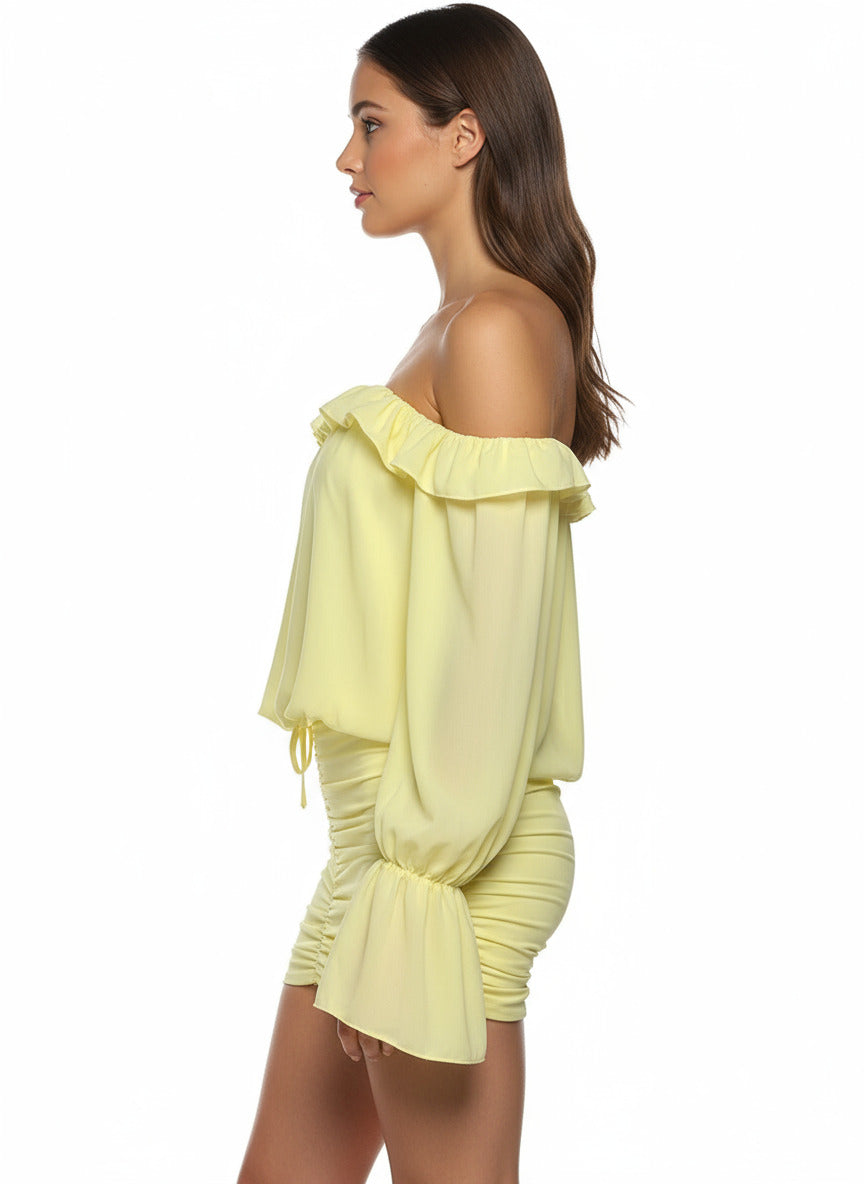 Girls Sweet Sunshine Ruffled Mini Dress Yellow Holiday Outfits Elegant off Shoulder Lace-Up Ruched Party Dress Clubwear