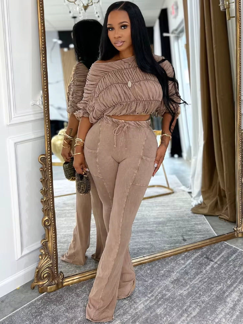 Trendy Ruched Matching Set for Women Pleated Crush Crop Top and Wide Legs Pants Set Evening Out Outfits Night Clubwear
