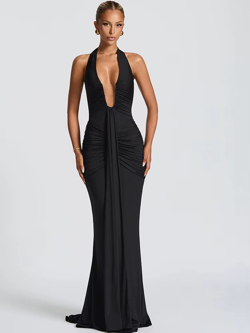 Gorgeous Womens Halter Plunging V Neck Ruched Long Straps Maxi Dress Holiday Outfits Sexy Backless Pleated Party Dress