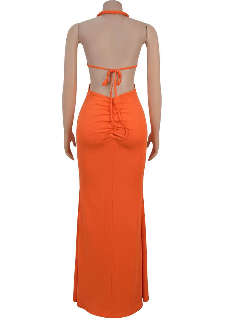 Women'S Cut-Out Ruched Maxi Dress Orange Sexy Halter Neck Backless High Slit Bandage Party Dresses Birthday Outfits