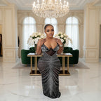 Gorgeous Black Mesh Rhinestone Underwire Mermaid Gown Summer Women Sheer Mesh Crystal Party Dress Celebrities Outifts