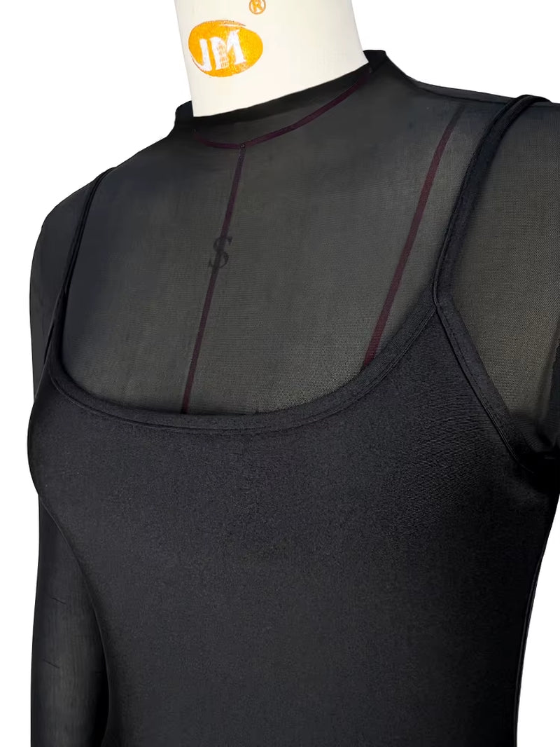 New Chic Long Sleeve Sheer Mesh Romper 2 Piece Outfits Womens Double Lined Bodycon Strappy Dress Set Night Clubwear